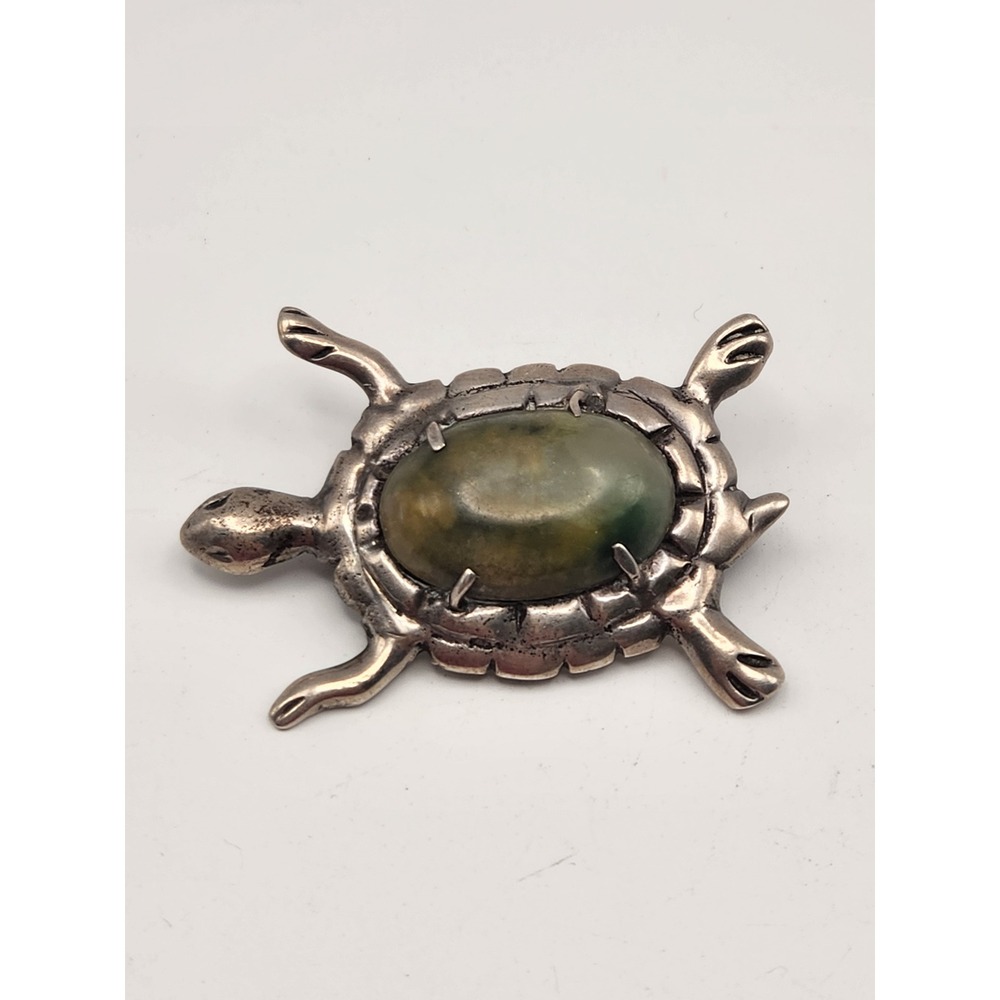 Vintage Mexican‎ Sterling Silver Turtle Brooch Pin Green Stone Cabochon Mexico